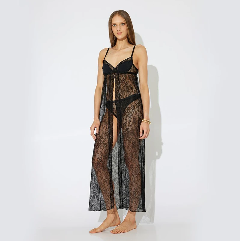 CHINEE Women's Sexy Black Lace Nightdress Girls Nightwear Plus Size Thermal and Breathable Woven Fabric Solid Pattern