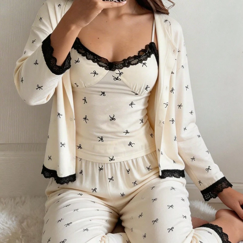 CHINEE Women's Sexy Bow Print Lace Camisole 3 Piece Pajama Set Pure Cute Style Loungewear Set