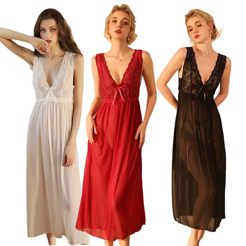 CHINEE Womens Sexy Breathable Soft Woven Mesh Sheer Long Nightgown Elegant Transparent Lace Sleep Dress for Summer Autumn Spring