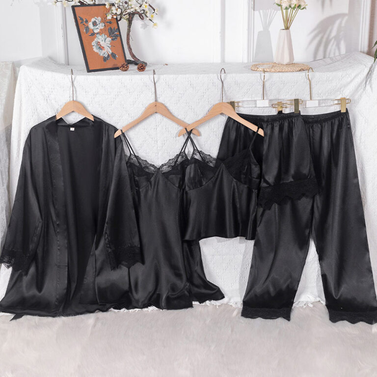 CHINEE-Womens-Sexy-Breathable-Solid-Satin-V-neck-Pajamas-Summer-Camisole-Shorts-Long-Pants-Five-Piece-Set-Elastic-Waist-Front