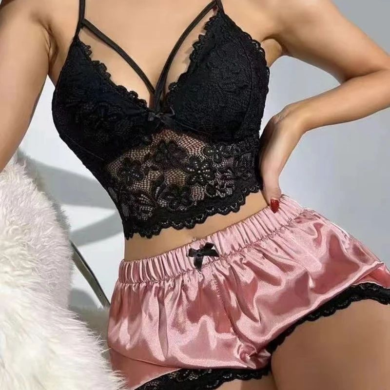 CHINEE Women's Sexy Fishnet Pattern Breathable Thin Medium Control Camisole Lace Vest Top Shorts Pajama Set