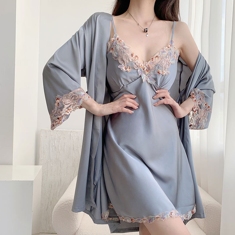 CHINEE Women's Sexy Ice Silk Camisole Nightdress 2 Piece Set Summer Backless Lace Trim With Padded Bra Loungewear
