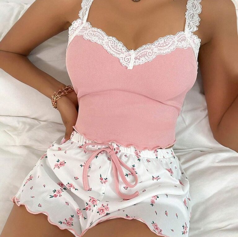 CHINEE-Womens-Sexy-Lace-O-Neck-Vacation-Pajama-Set-Camisole-Top-Shorts-Soft-Breathable-Knitted-Loungewear-Summer-Short-Sleeved