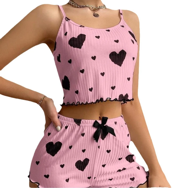 CHINEE Women's Sexy Pajamas Set Heart Print Camisole & Shorts Ladies' Night Suit Plus Size Women's Sets