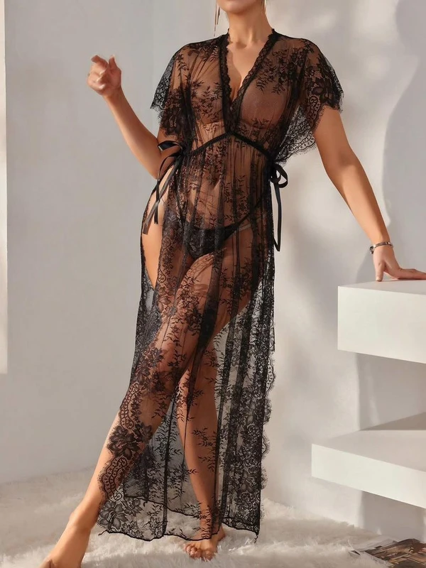 CHINEE Women's Sheer Lace Lingerie Babydoll Chemise Deep V High Slit Long Nightgown with Thong V Neck Eyelash Lace Long Kaftan Robe