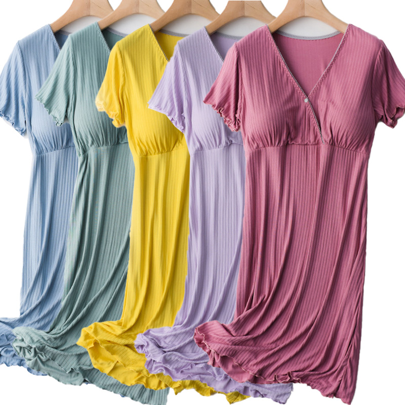 CHINEE Women's Short Sleeve Button Nursing Nightie Stripes Maternity Breastfeeding Dress Hamile Gecelik Maternity Nightwear