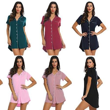 CHINEE Women's Short Sleeve Viscose Bamboo Sleep Dress Thermal Knitted Pajamas for Summer and Spring Nightwear