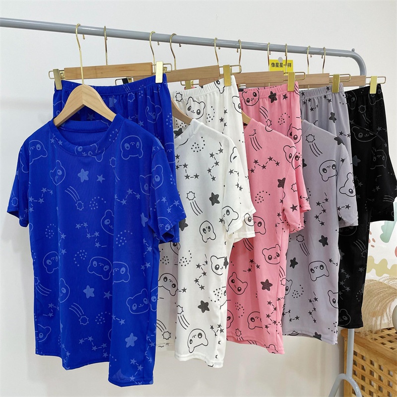 CHINEE Women's Shorts Pajamas Set, Ice Silk, Cartoon Print, Short Sleeve, High Stretch, Summer Loungewear