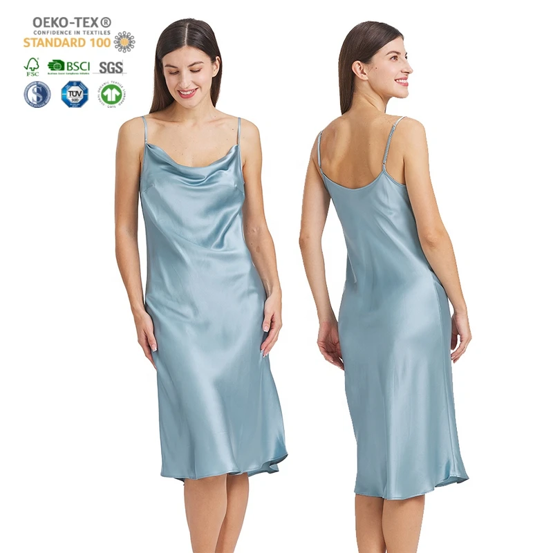 CHINEE Women's Sleepwear Pajamas 100% Mulberry Silk Night Dress Midi Charmeuse Women Nightdress