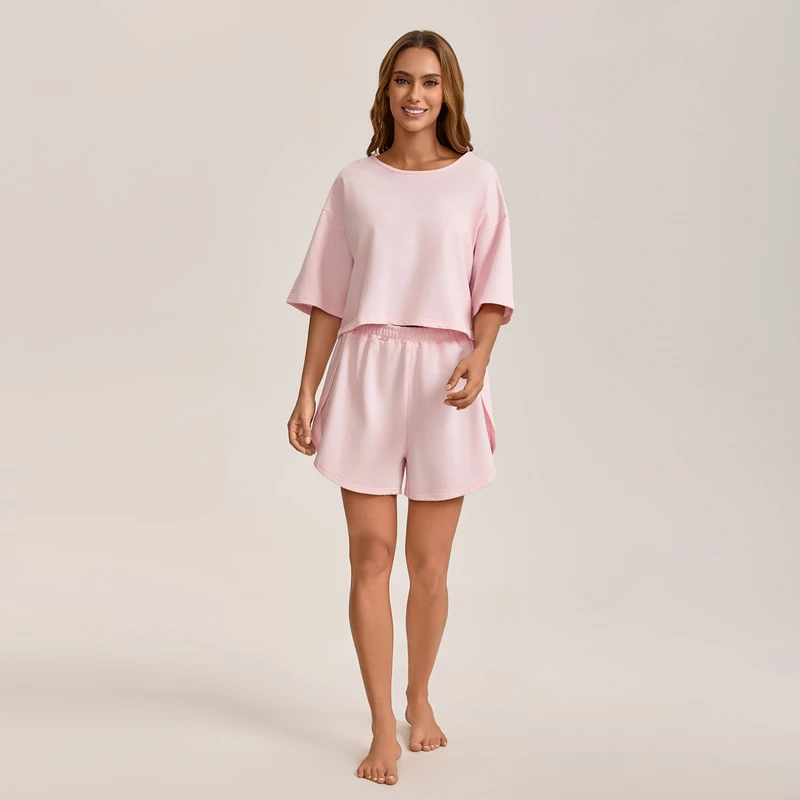CHINEE Women's Sleepwear Summer Round Neck Shorts Pure Cotton Pajamas Homewear Elastic Waist Solid
