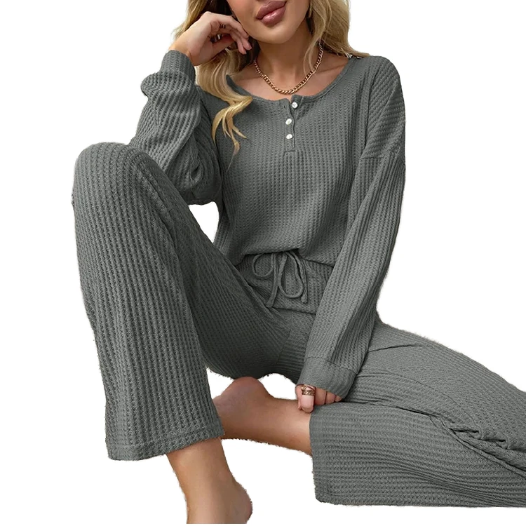 CHINEE Women's Sleepwear Waffle Knit Pajamas Vintage Casual Fashion Tops Nightwear Solid Pattern Thermal