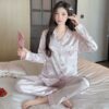 CHINEE Women's Soft Ice Silk Long Sleeve Loungewear Set Cool Pyjamas Turn Down Collar Elastic Waist Comfortable Ladies Sleepwear Spring