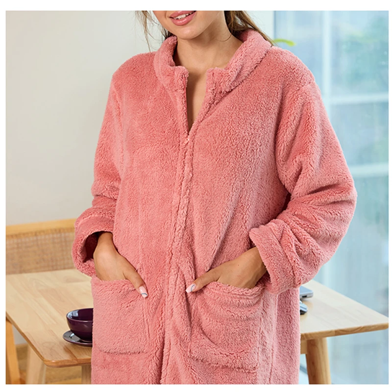 CHINEE Women's Soft Plush Zip up Robe Warm Cozy Stand Collar Bathrobe with Pockets Plus Size Loungewear