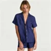 CHINEE Women's Soft Satin Jacquard Pajama Top and Short Set Silk Stripe Satin Women's Sleepwear