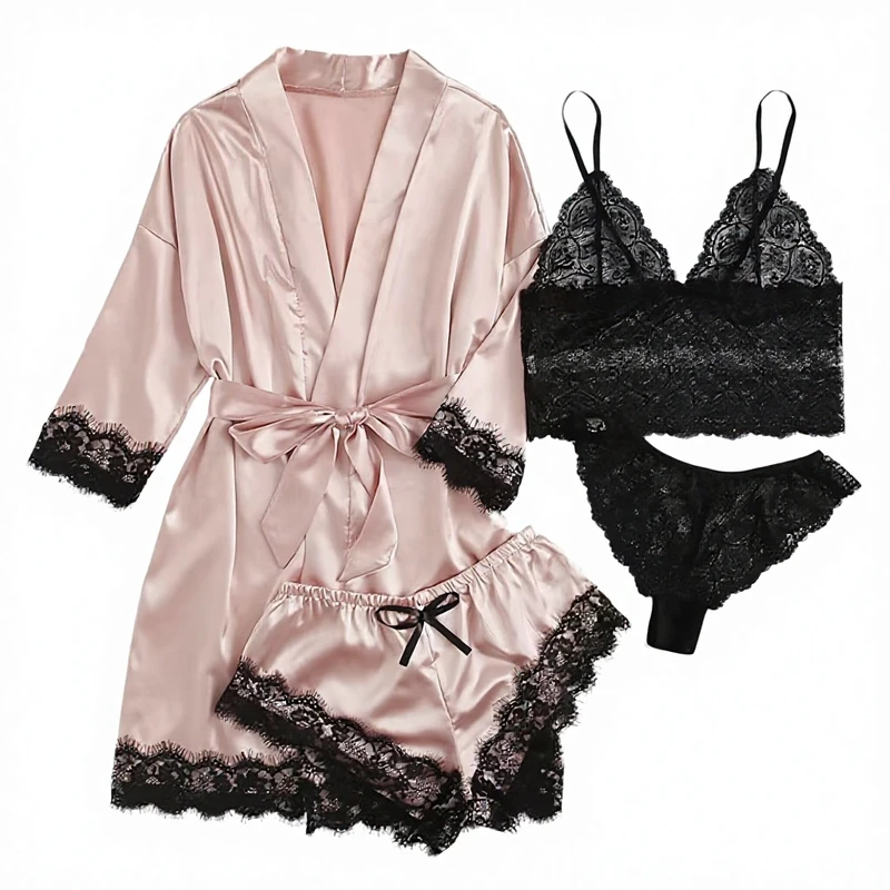 CHINEE Women's Solid Breathable 4 Piece Polyester Satin Shorts Pajamas Set Elastic Waist Lace Camisole Summer Robe Nightgown