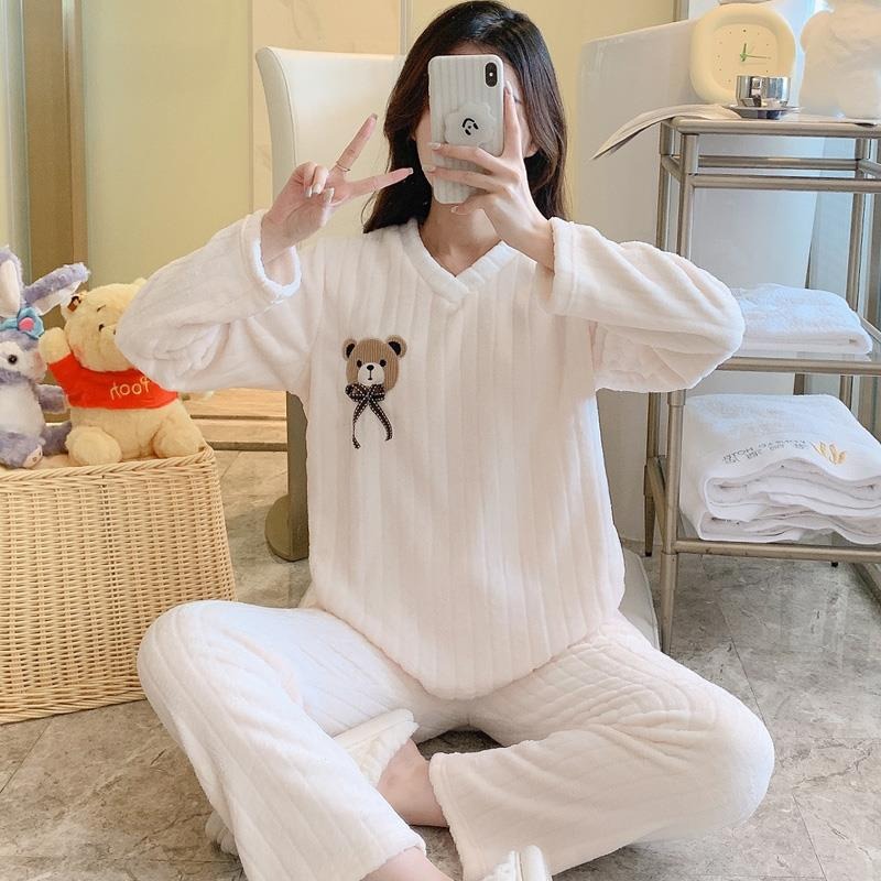 CHINEE Women's Solid Color Flannel Extra Thick Fleece Warm Nightdress Pullover Housewear