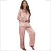 CHINEE Women's Solid Color Satin Soft Smooth Fashion Classic Long Sleeve Long Pants Pajamas All Seasons