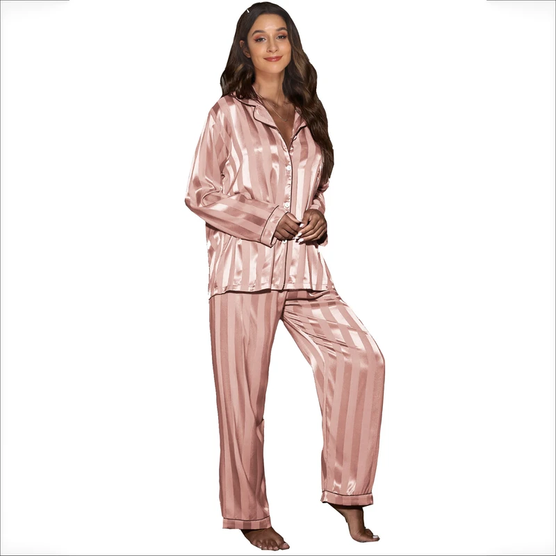 CHINEE Women's Solid Color Satin Soft Smooth Fashion Classic Long Sleeve Long Pants Pajamas All Seasons