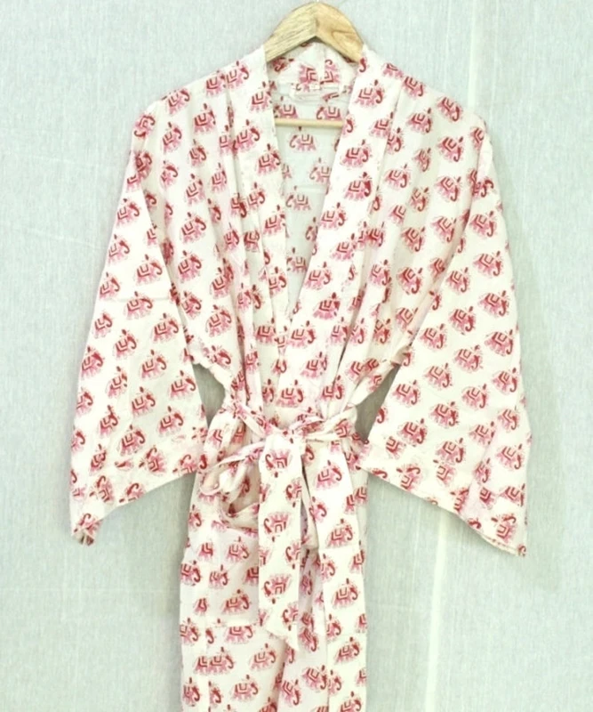 CHINEE Women's Summer Blue Cotton Printed Floral Kimono Robe Quick Dry Breathable Knitted Fabric Drawstring Closure for Daily Use