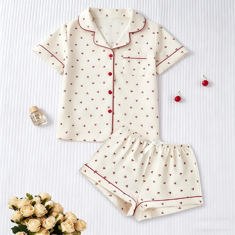 CHINEE Women's Summer Bubble Ruffle Pajama Set Cherry Print Cute Sweet Style Loungewear