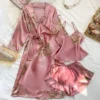 CHINEE Women's Summer Casual Breathable Polyester Pajamas Set Cherry Print 4 Piece Outfit Comfortable Woven Sleepwear