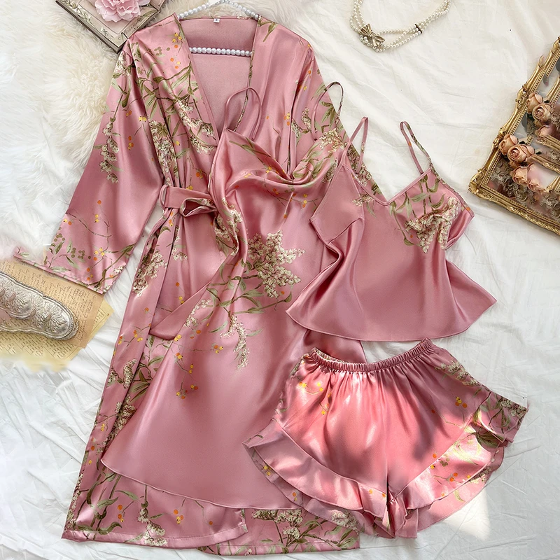 CHINEE Women's Summer Casual Breathable Polyester Pajamas Set Cherry Print 4 Piece Outfit Comfortable Woven Sleepwear