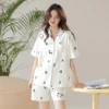CHINEE Women's Summer Casual Knitted Cotton Short Sleeve Pajamas, Elastic Waist, Cute