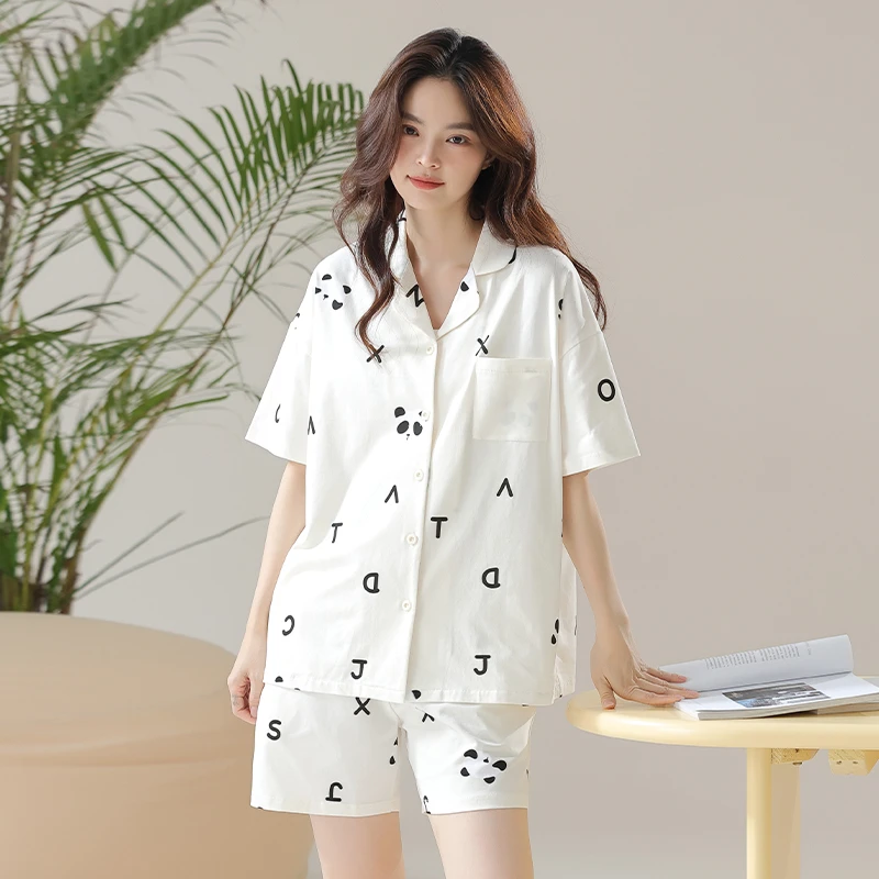 CHINEE Women's Summer Casual Knitted Cotton Short Sleeve Pajamas, Elastic Waist, Cute