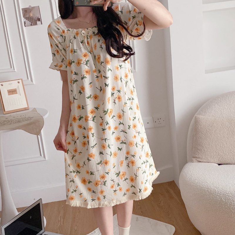 CHINEE Women's Summer Casual Short Sleeve Lace Night Dress Pajamas Cartoon Printed Loungewear Sleepwear