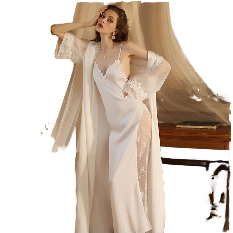 CHINEE Women's Summer Comfortable Sexy Romantic Printed Lace Embroidery V neck Extra Long Nightgown Bathrobe Pajamas Breathable