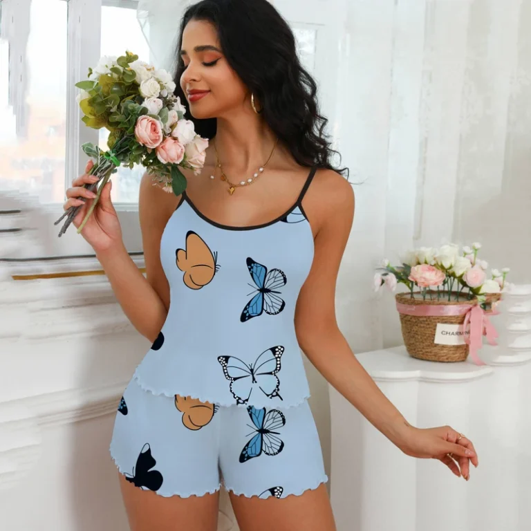 CHINEE-Womens-Summer-Cute-Halter-Neck-Camisole-Shorts-Pajama-Set-Elastic-Waist-Printed-Butterfly-Design-Breathable