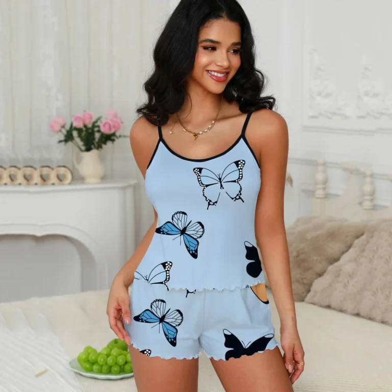 CHINEE-Womens-Summer-Cute-Halter-Neck-Camisole-Shorts-Pajama-Set-Elastic-Waist-Printed-Butterfly-Design-Knitted-Soft-Smooth