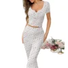 CHINEE Women's Summer Floral Print Breathable Short Sleeve Long Pants 2 Piece Loungewear Set Polyester Spandex Blend V Neck Elastic