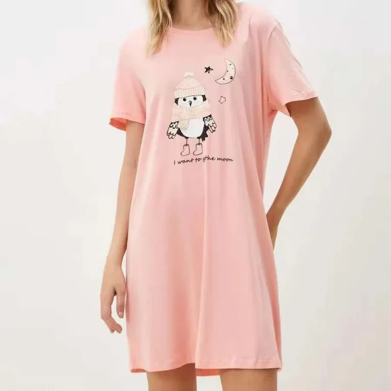 CHINEE-Womens-Summer-Knitted-Bamboo-Cotton-Nightgown-Crew-Neck-Short-Sleeves-Cartoon-Owl-Pattern-Elastic-Waist-Closure-Breathable