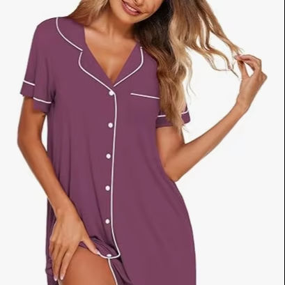 CHINEE Women's Summer Lapel Short Sleeved Nightgown Cotton Home Clothes with Elastic Waist Closure Outer Wearing Pajamas