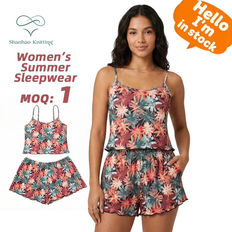 CHINEE Women's Summer Loungewear Set Sleeveless Cami Top Printed High Elasticity Sleepwear Short 2 Pieces Set Pajamas Nightwear
