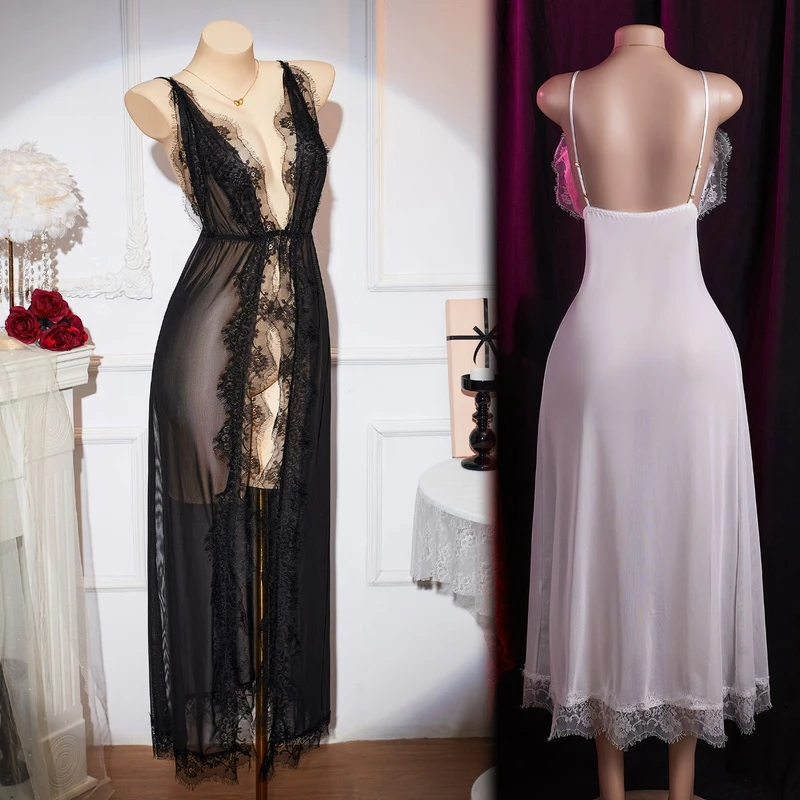 CHINEE Women's Summer Nightgown V Neck Sleeveless Lace Nightdress with Breathable Soft Fabric Black & White Patchwork Design