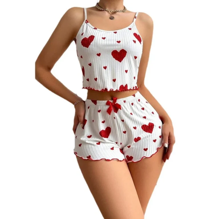 CHINEE-Womens-Summer-Satin-Pajamas-Sweet-Camisole-Shorts-Elastic-Waist-Closure-Knee-Length-Knitted-Stripe-Print