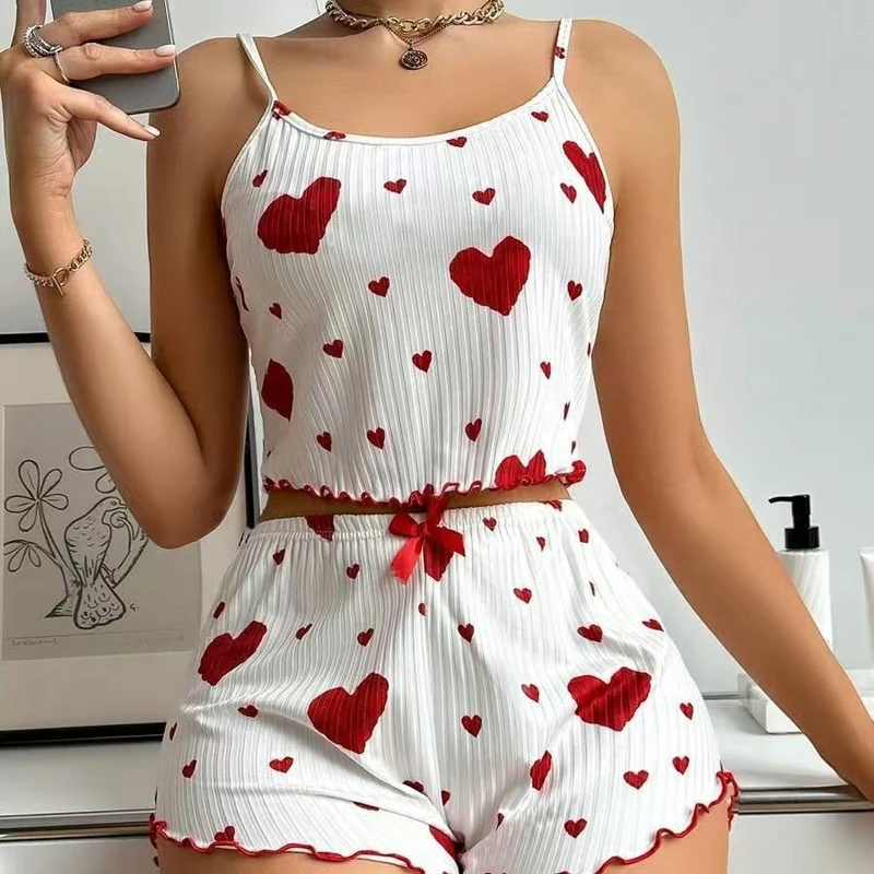 CHINEE Women's Summer Sexy V neck Breathable Elastic Waist Knee Length Soft Knitted Solid Pajama Set Sweet Camisole and Shorts