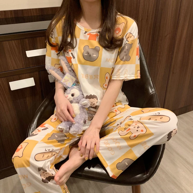 CHINEE Women's Summer Short Sleeve Pajama Set Long Pants Milk Silk Soft Loungewear