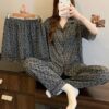 CHINEE Women's Summer Short Sleeved Three Piece Soft Pajamas Cardigan Pajama Set Cardigan Trousers Home Clothes Soft Nightshirts