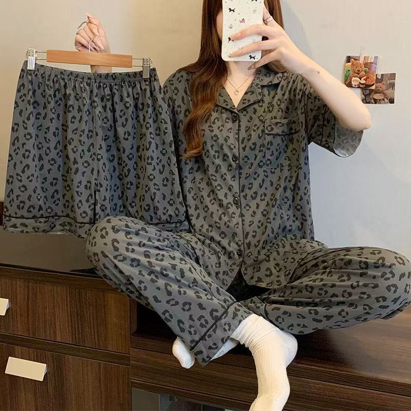 CHINEE Women's Summer Short Sleeved Three Piece Soft Pajamas Cardigan Pajama Set Cardigan Trousers Home Clothes Soft Nightshirts