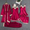 CHINEE Women's Summer Silk Satin Pajamas 5pcs Set with Elastic Waist Closure Solid Pattern and Pocket Perfect Sleepwear