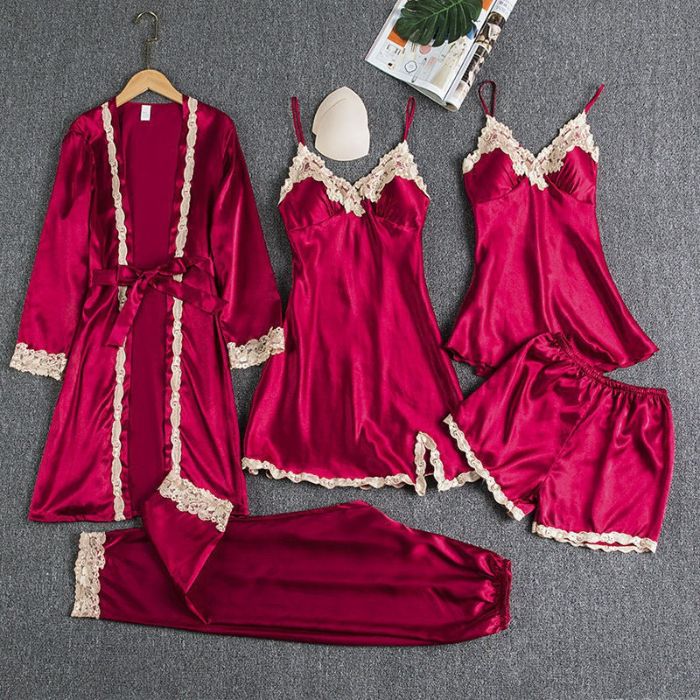 CHINEE Women's Summer Silk Satin Pajamas 5pcs Set with Elastic Waist Closure Solid Pattern and Pocket Perfect Sleepwear