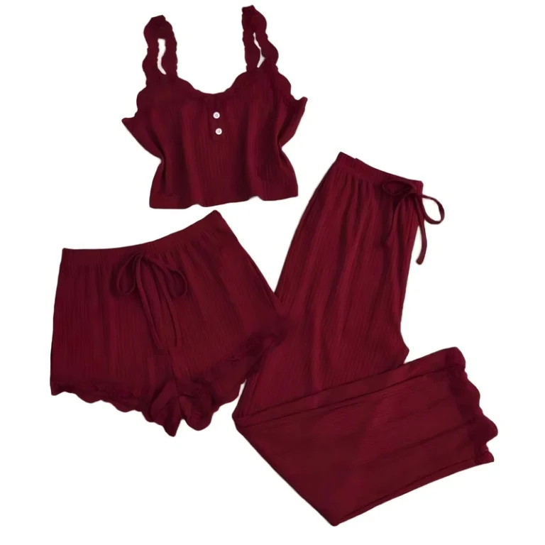 CHINEE-Womens-Summer-Slim-Three-Piece-Breathable-Pajama-Set-Lace-Camisole-Long-Shorts