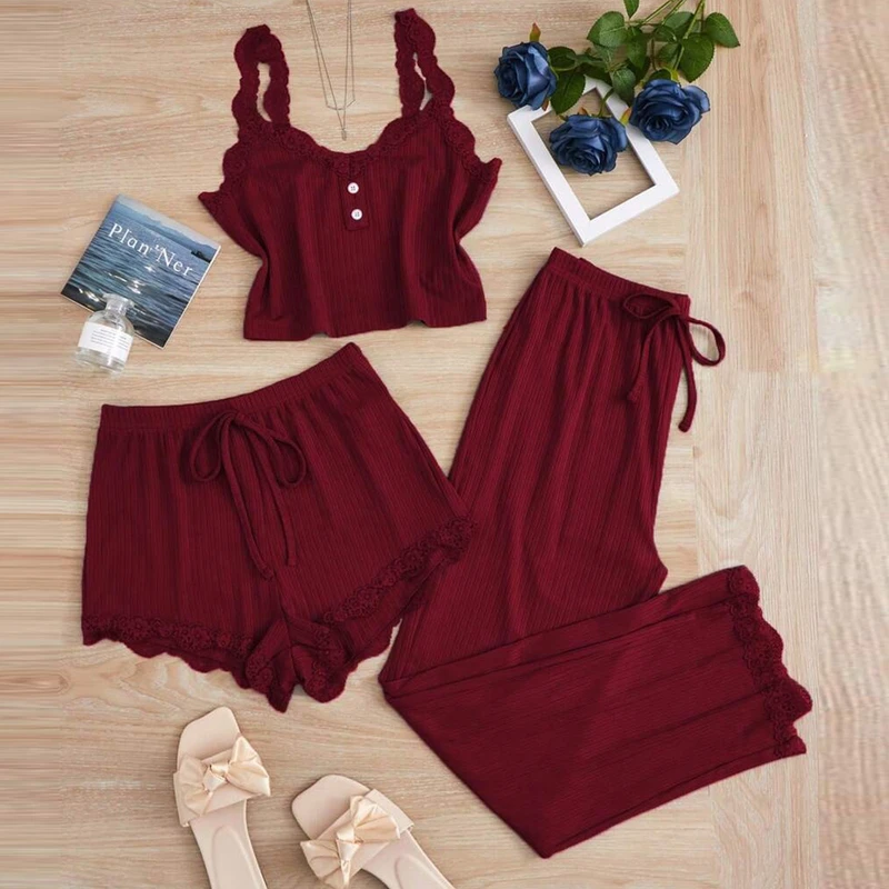 CHINEE Women's Summer Slim Three Piece Pajama Set Lace Camisole Long Shorts Solid Pattern