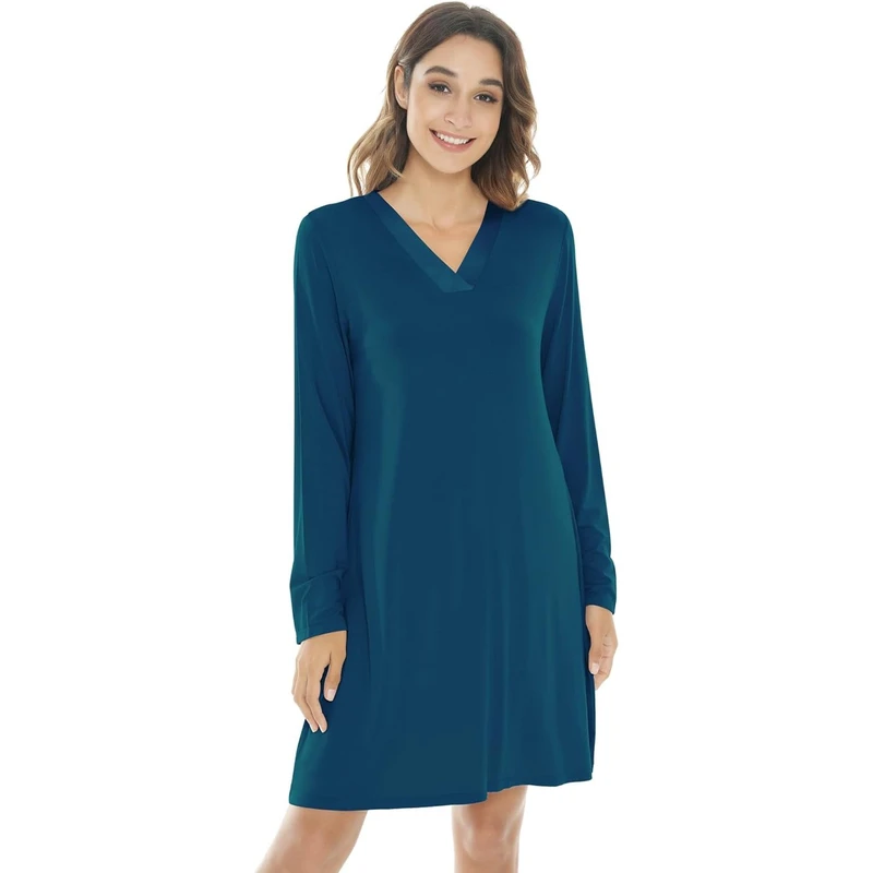 CHINEE Women's Summer Spring Cozy Long Sleeve V Neck Soft Satin Bamboo Nightgown Sleepwear Sets