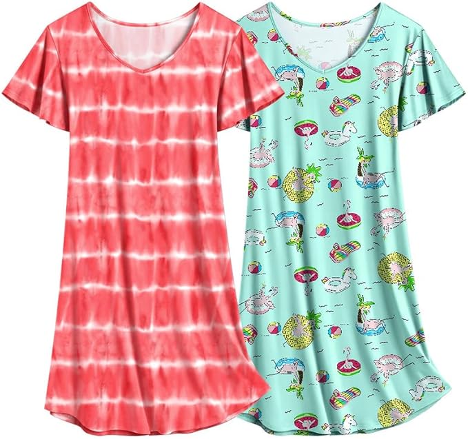 CHINEE Women's Summer Spring Knitted Knee Length Short Sleeved Cartoon Print Nightgowns Pajamas 3XL Size