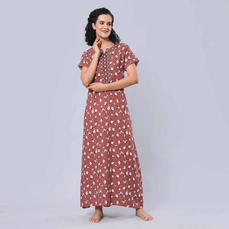 CHINEE Women's Super Soft Comfortable Viscose Liva Maxi Night Gown Buttoned Long Nighty Dress with Pocket for Home Use