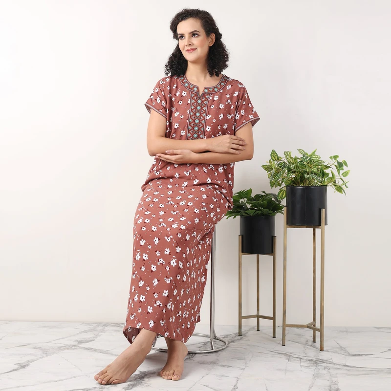 CHINEE Women's Super Soft Viscose Liva Maxi Night Gown Comfortable ODM Poplin Nighty Dress with Pocket XS Homewear
